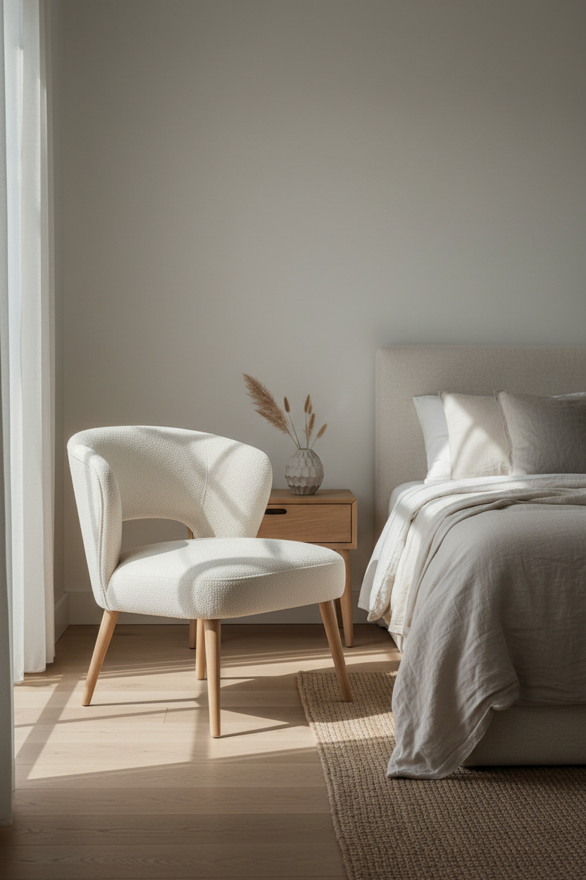 Cream bouclé accent chair in a warm Japandi bedroom corner with soft morning light and oak nightstand