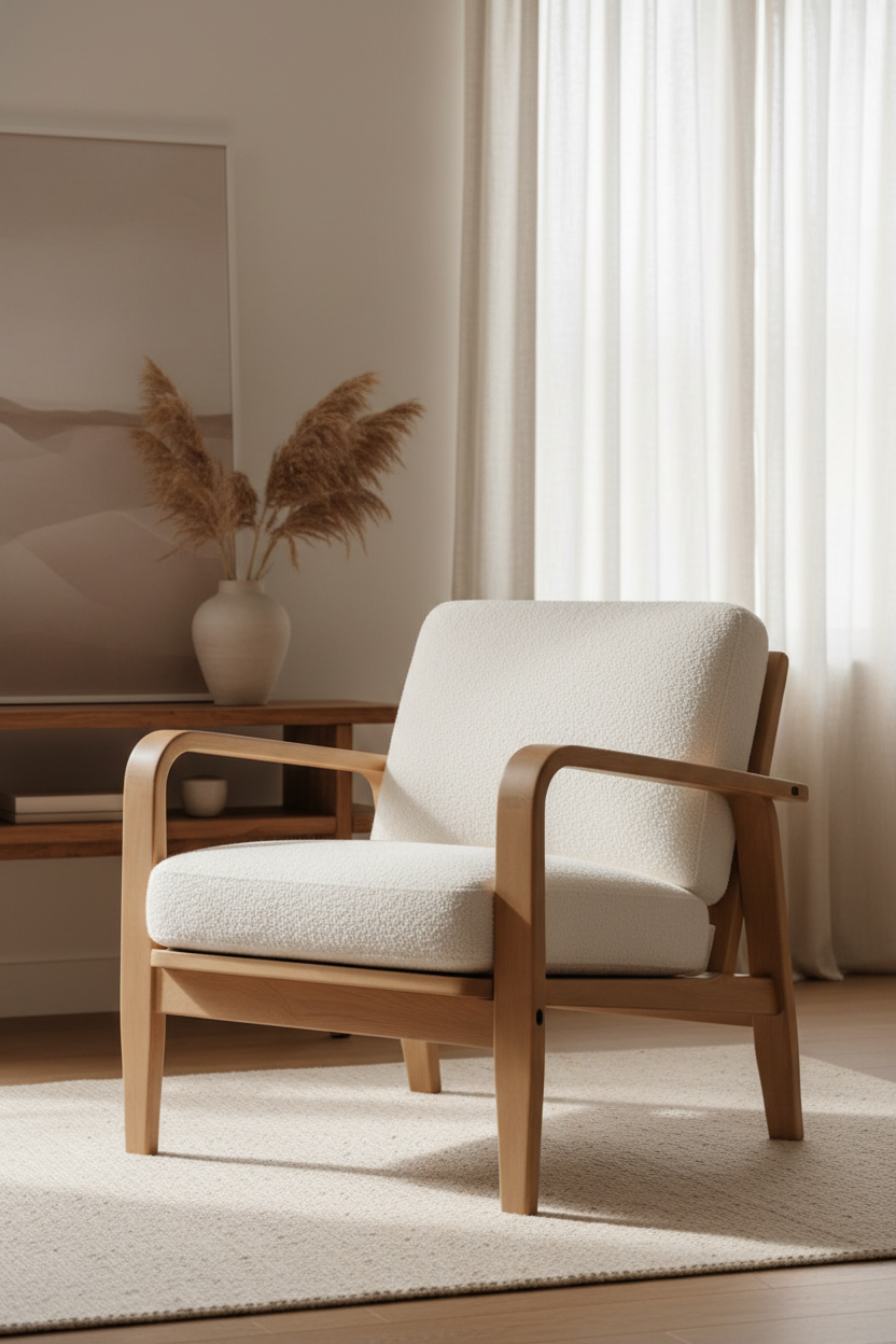Wooden Armchair in Cream Bouclé — Lifestyle