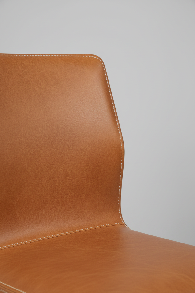 Close-up of premium caramel leather upholstery on Sculpt Dining Chair