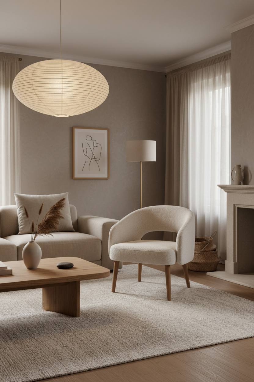 Cream bouclé accent chair in a curated Japandi living space with low oak coffee table and minimal accessories