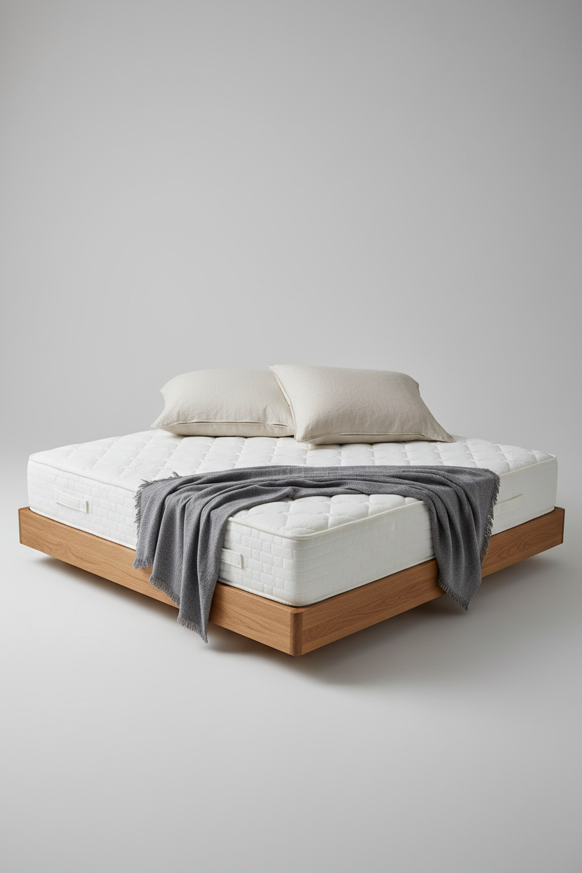 Premium foam mattress on oak platform bed styled with folded linen throw and minimal pillows