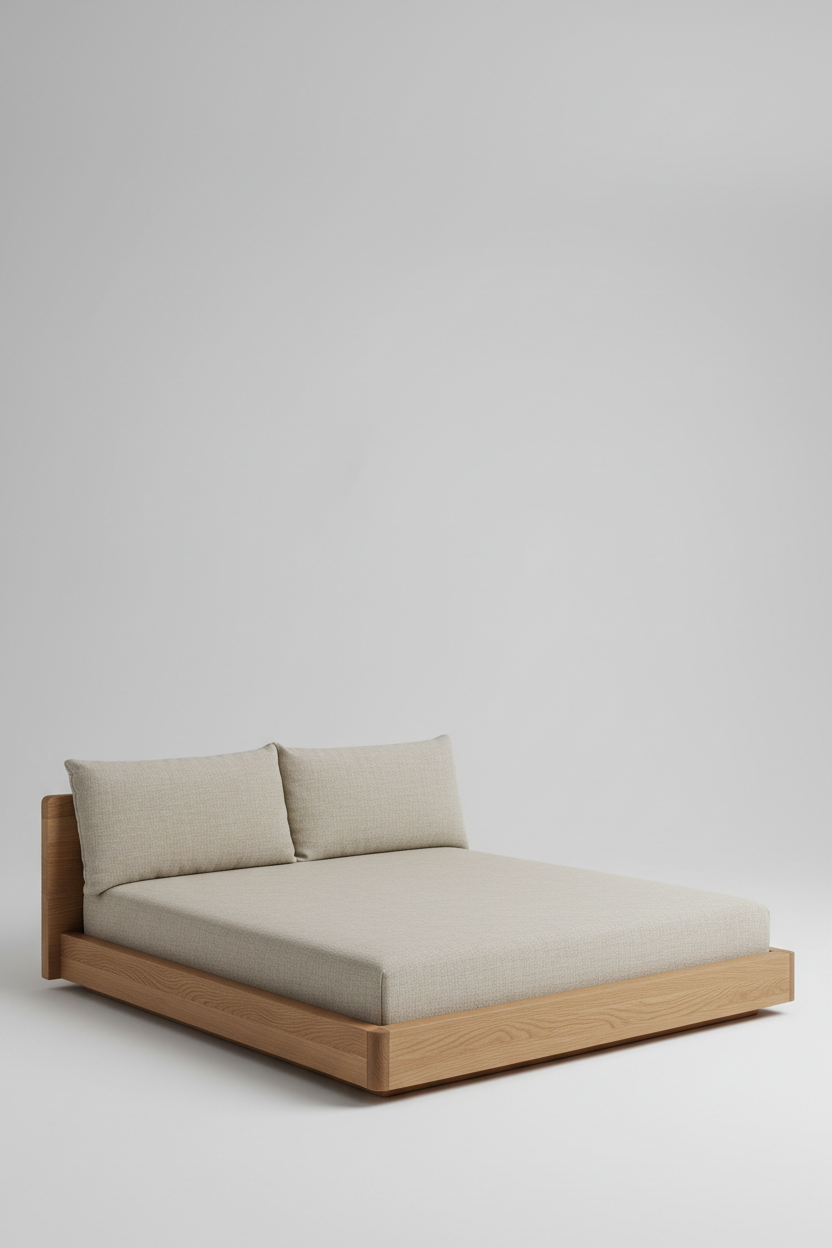 45-degree angle view of upholstered platform bed with beige linen and oak frame