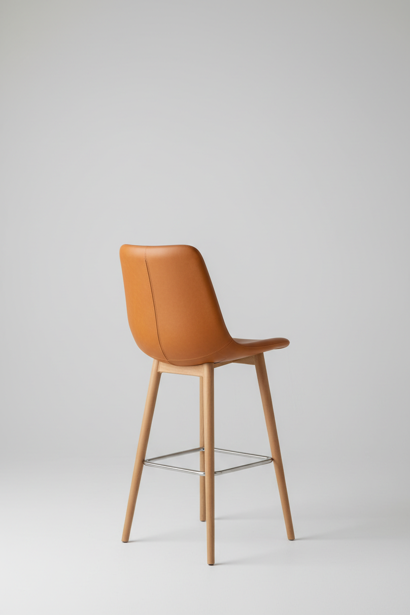 High-back bar chair in warm caramel leather, back view