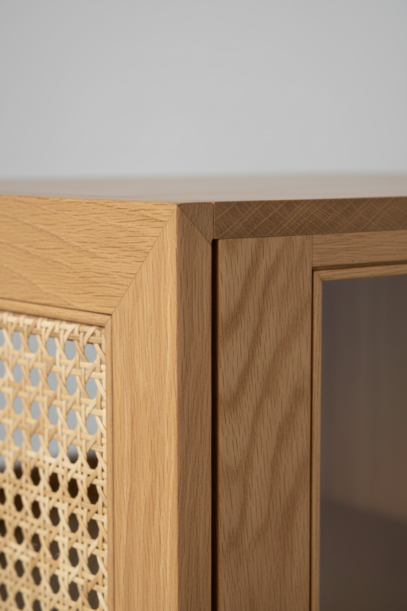 Nordic Display Cabinet – Woven cane panel and Light Oak wood grain close-up