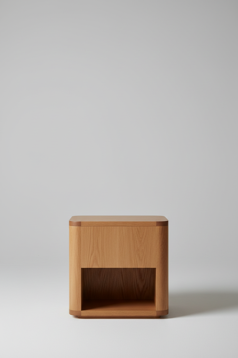 Back view of solid oak nightstand with warm natural finish