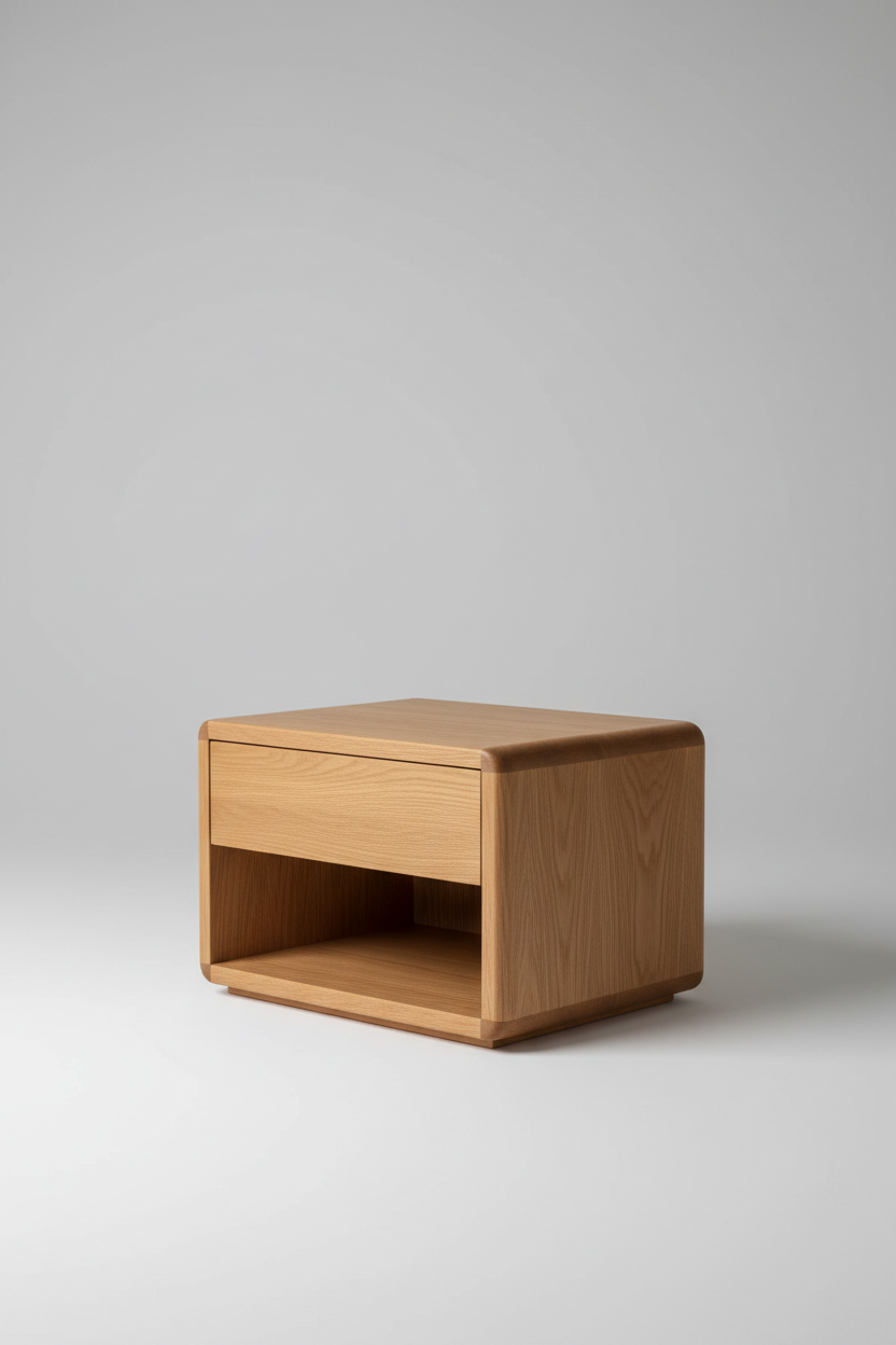 45-degree angle view of solid oak nightstand with rounded corners on light grey background