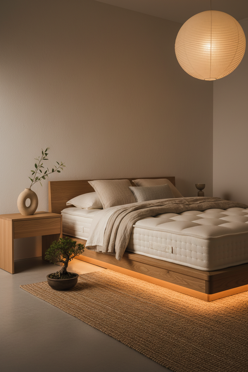 Premium foam mattress on a platform bed in a curated Japandi bedroom with oak nightstand and ceramic vase