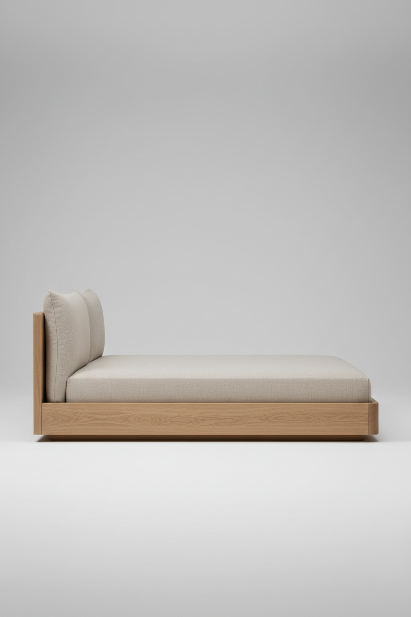 Side view of low profile platform bed with padded linen headboard and oak frame