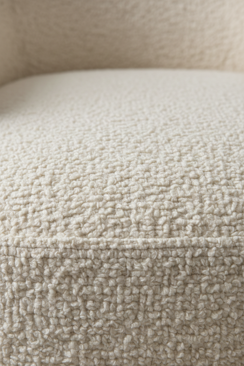 Close-up of cream bouclé looped wool fabric texture on accent chair