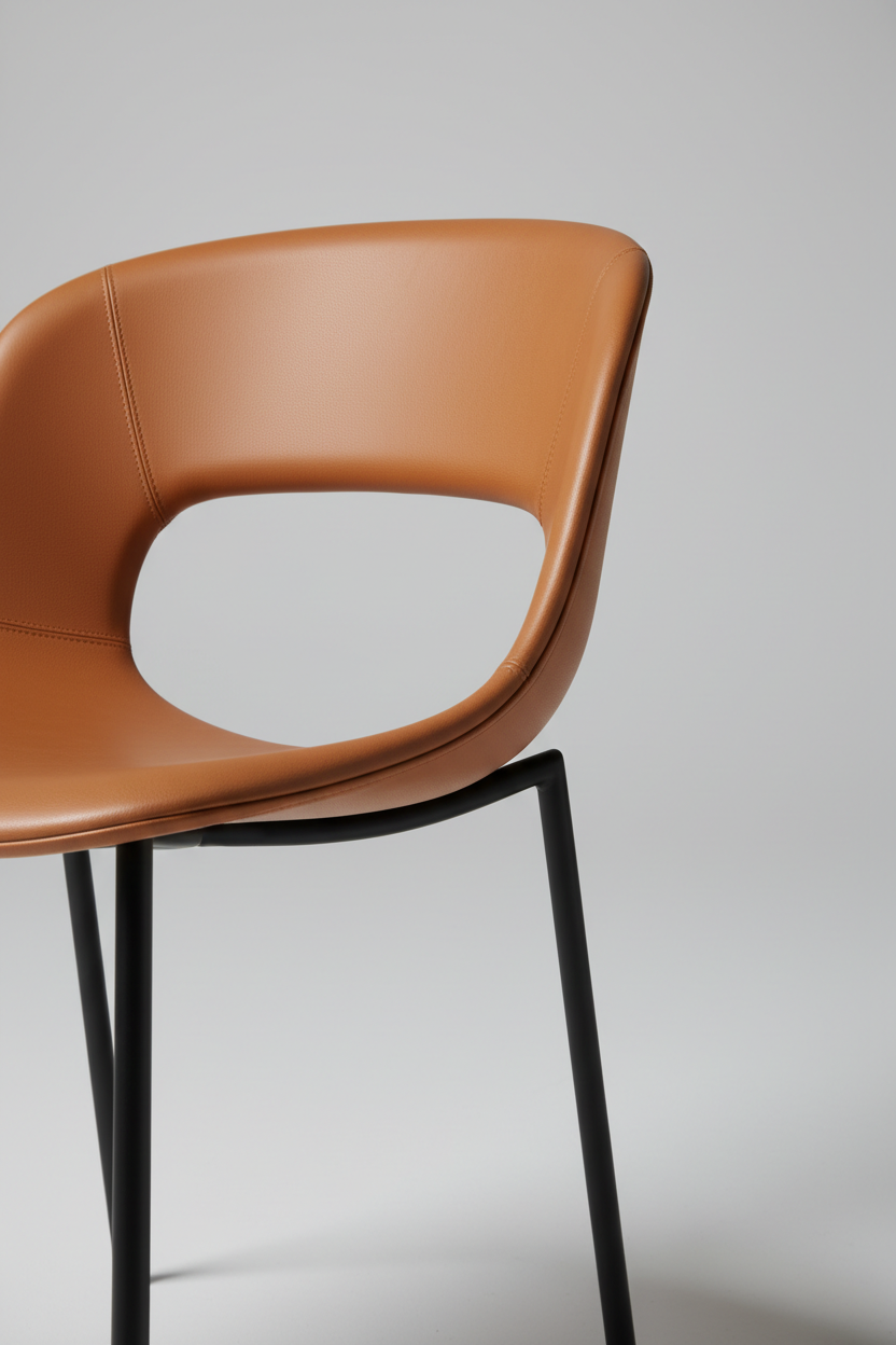 Corner detail of Sculpt Dining Chair backrest and metal leg junction