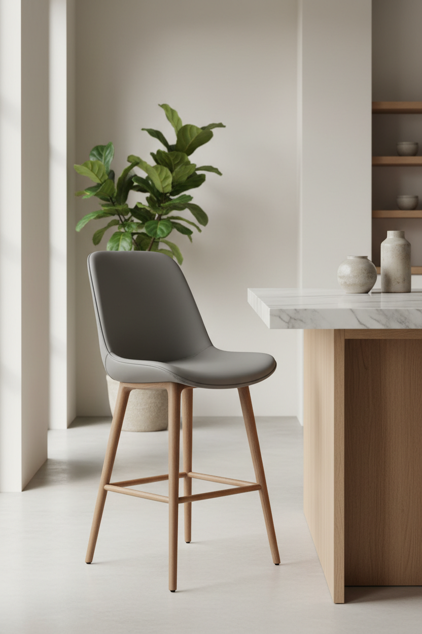 High-back bar chair in ash grey leather, lifestyle kitchen bar scene