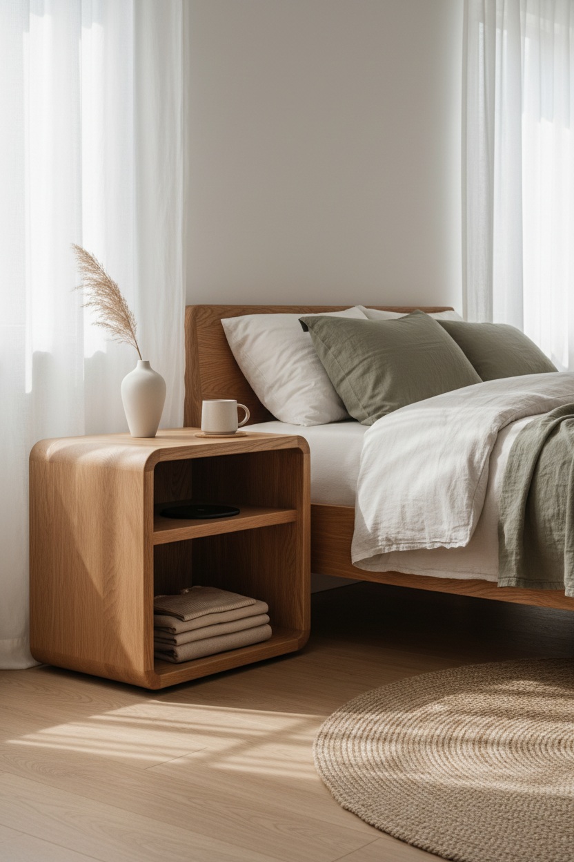 Solid oak nightstand in a warm Japandi bedroom with morning light and sheer curtains